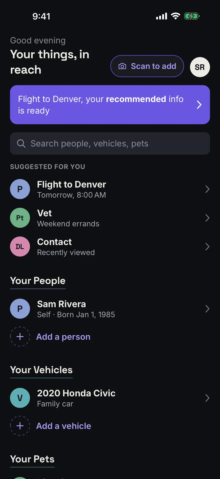 The atHand home screen. A banner reads “Flight to Denver, your recommended info is ready.” Below it are a search field, three suggested records, Your People with Sam Rivera, and Your Vehicles with a 2020 Honda Civic.