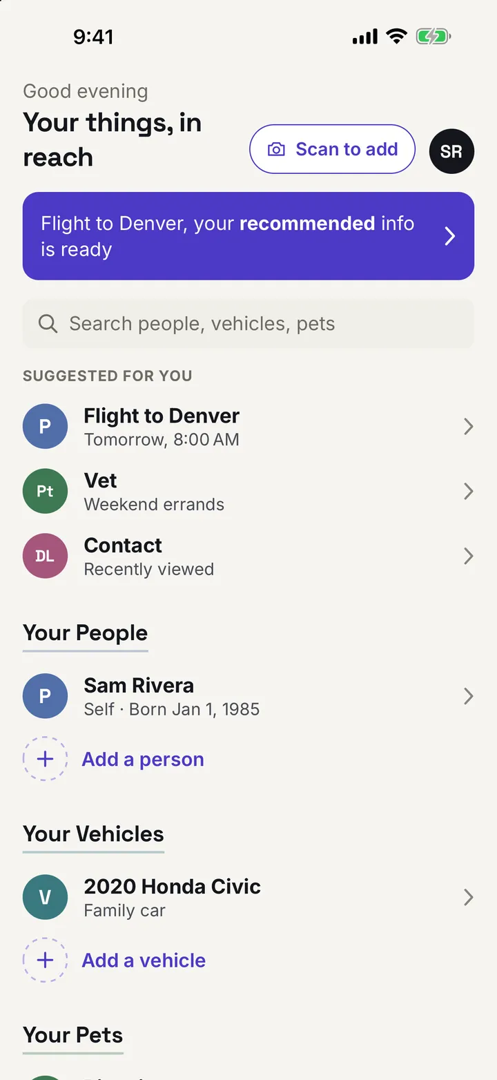The atHand home screen. A banner reads “Flight to Denver, your recommended info is ready.” Below it are a search field, three suggested records, Your People with Sam Rivera, and Your Vehicles with a 2020 Honda Civic.