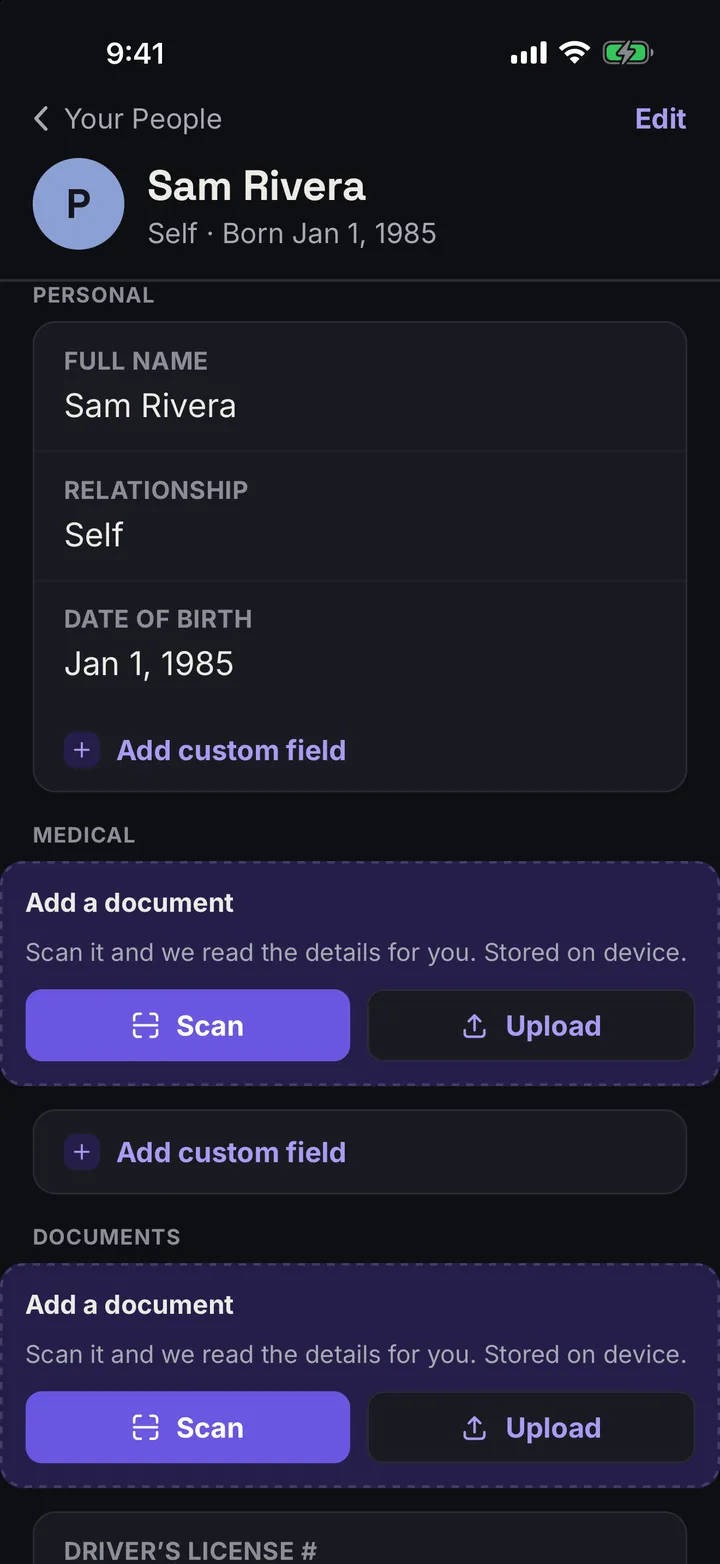 Sam Rivera’s record in atHand. A Personal section lists full name, relationship, and date of birth, followed by Medical and Documents sections, each with Scan and Upload buttons.
