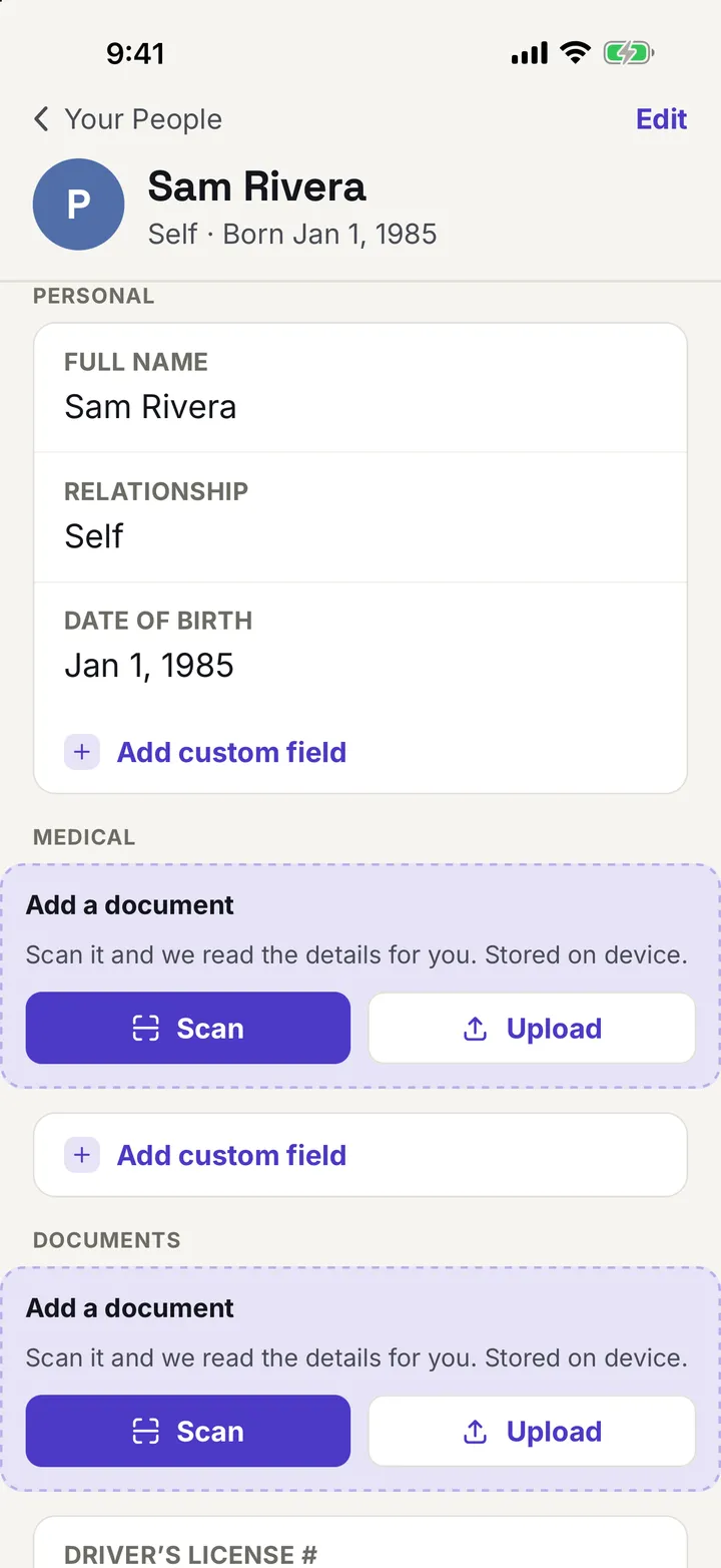 Sam Rivera’s record in atHand. A Personal section lists full name, relationship, and date of birth, followed by Medical and Documents sections, each with Scan and Upload buttons.