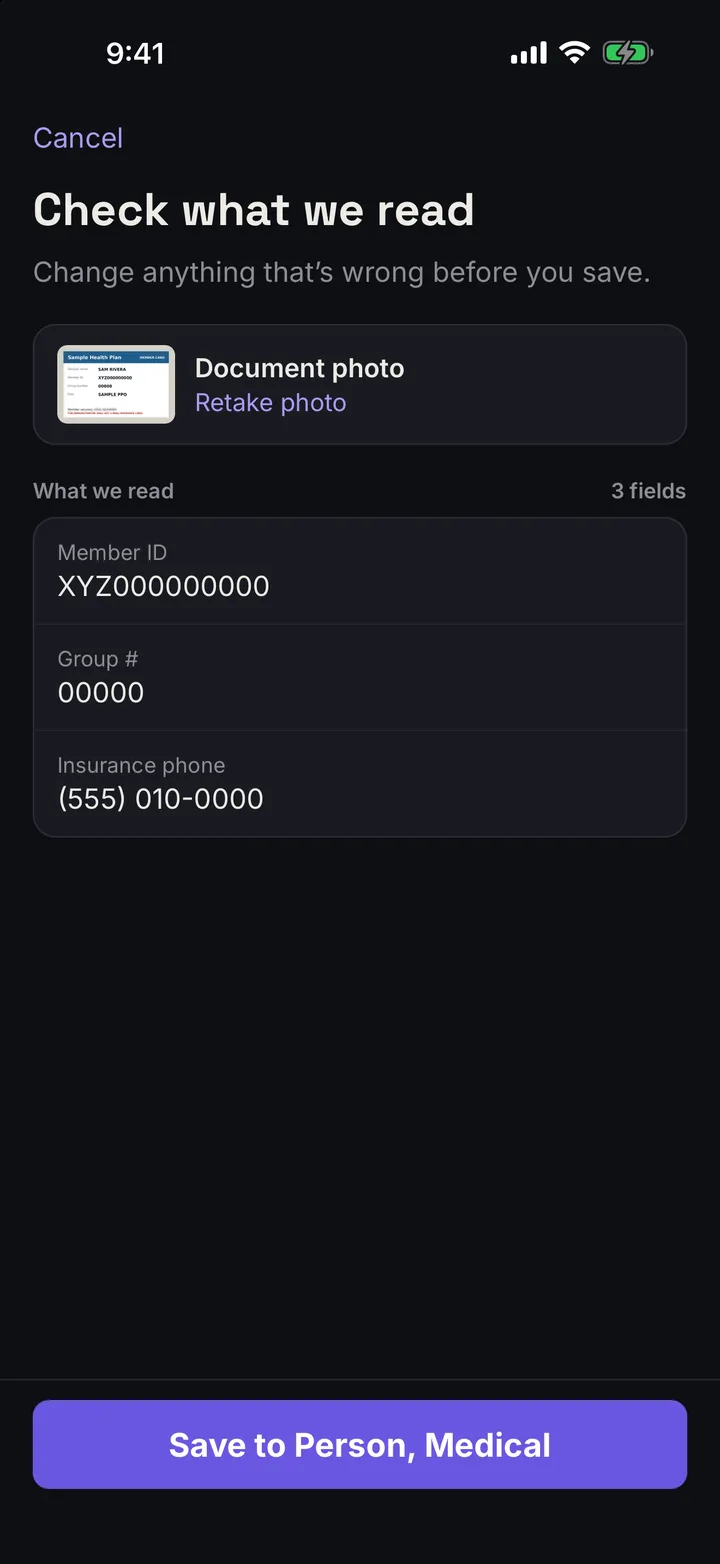 The “Check what we read” screen after scanning an insurance card. It shows the card photo with a Retake photo link and three fields read from it: Member ID, Group number, and Insurance phone.