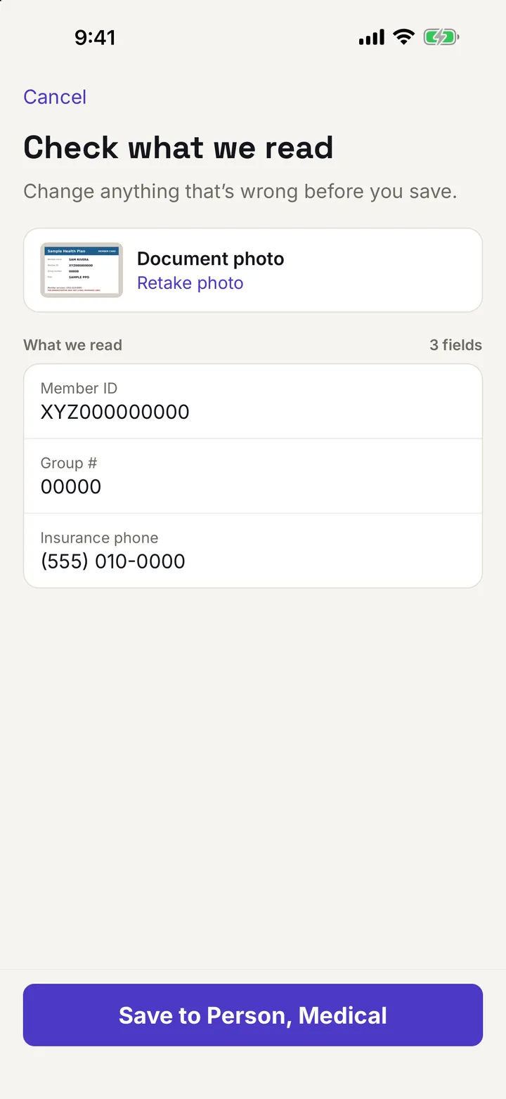 The “Check what we read” screen after scanning an insurance card. It shows the card photo with a Retake photo link and three fields read from it: Member ID, Group number, and Insurance phone.