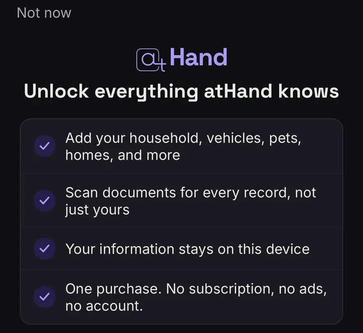 The atHand unlock screen, headed “Unlock everything atHand knows.” Its list reads: add your household, vehicles, pets, homes, and more; scan documents for every record, not just yours; your information stays on this device; one purchase, no subscription, no ads, no account.